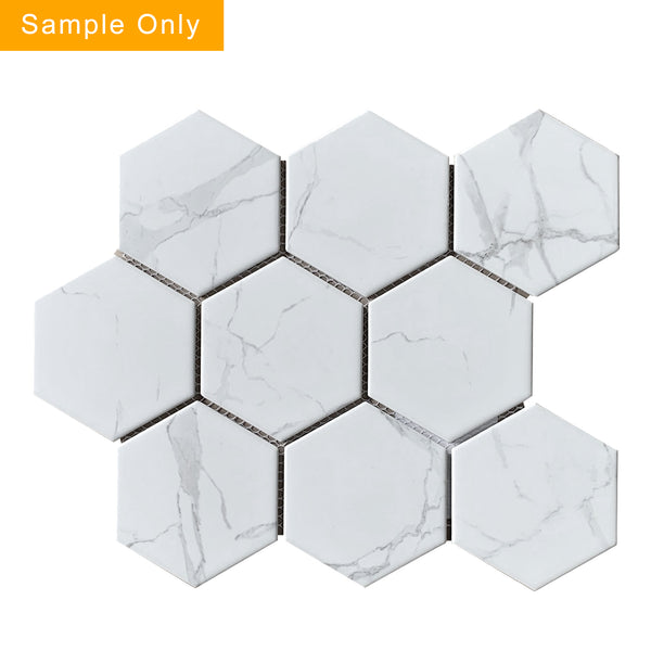 4-in Hexagon Porcelain Glazed Statuario Satin Mosaic Floor and Wall Tile - Sample (Product Shown is Full Size)