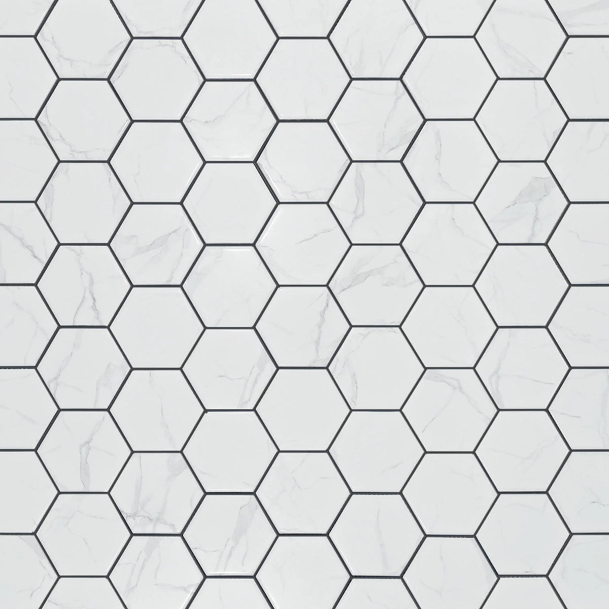 Display board of 4-in Hexagon Statuario Satin Porcelain Mosaic Tiles – satin glazed tiles arranged for showroom presentation.