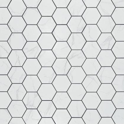 Display board of 4-in Hexagon Statuario Satin Porcelain Mosaic Tiles – satin glazed tiles arranged for showroom presentation.