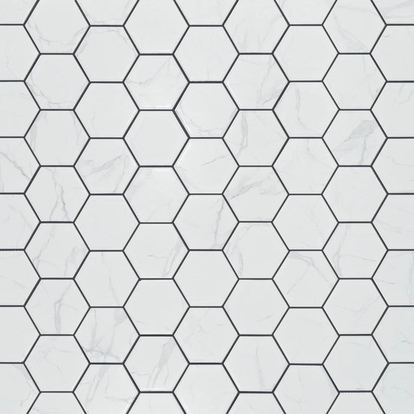 Display board of 4-in Hexagon Statuario Satin Porcelain Mosaic Tiles – satin glazed tiles arranged for showroom presentation.