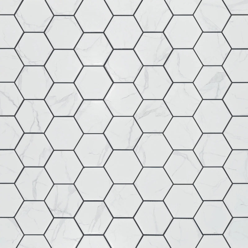 Display board of 4-in Hexagon Statuario Satin Porcelain Mosaic Tiles – satin glazed tiles arranged for showroom presentation.