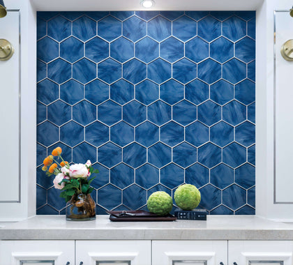 Interior wall featuring 6-inch Blue Hexagon Inkjet Glass Mosaic Tile – glossy glass surface and contemporary look