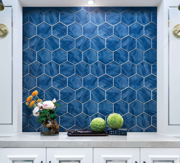 Interior wall featuring 6-inch Blue Hexagon Inkjet Glass Mosaic Tile – glossy glass surface and contemporary look