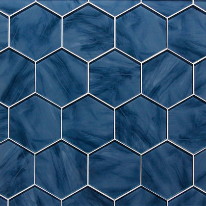Display board of 6-inch Blue Hexagon Inkjet Glass Mosaic Tiles arranged in seamless pattern – 1 sq. ft per sheet