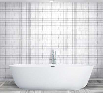 Bathroom wall and floor featuring Dolomite Waterjet Mosaic Tiles – classic white 12x12 marble tile design