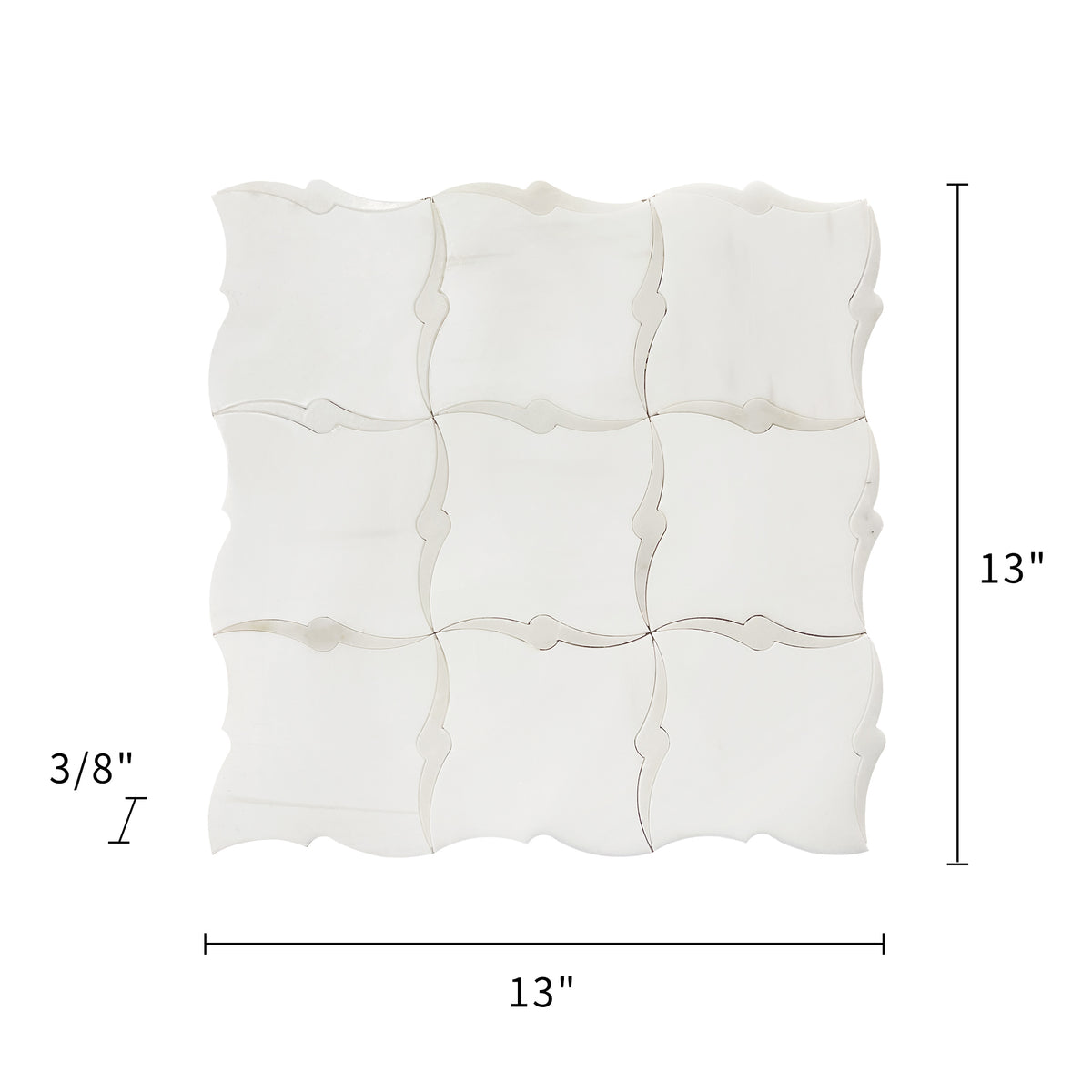 Size diagram of Dolomite & Calacatta Marble Waterjet Mosaic Tile – labeled 13-in x 13-in sheet, 1.17 sq. ft coverage