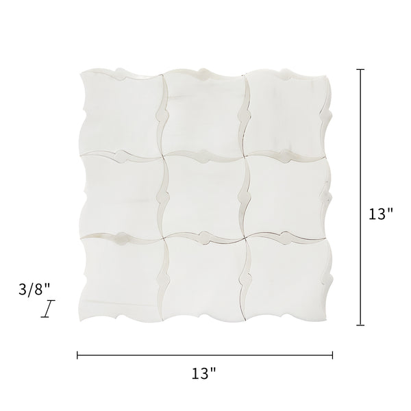 Size diagram of Dolomite & Calacatta Marble Waterjet Mosaic Tile – labeled 13-in x 13-in sheet, 1.17 sq. ft coverage