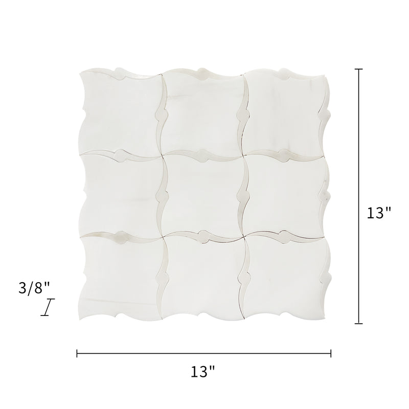 Size diagram of Dolomite & Calacatta Marble Waterjet Mosaic Tile – labeled 13-in x 13-in sheet, 1.17 sq. ft coverage
