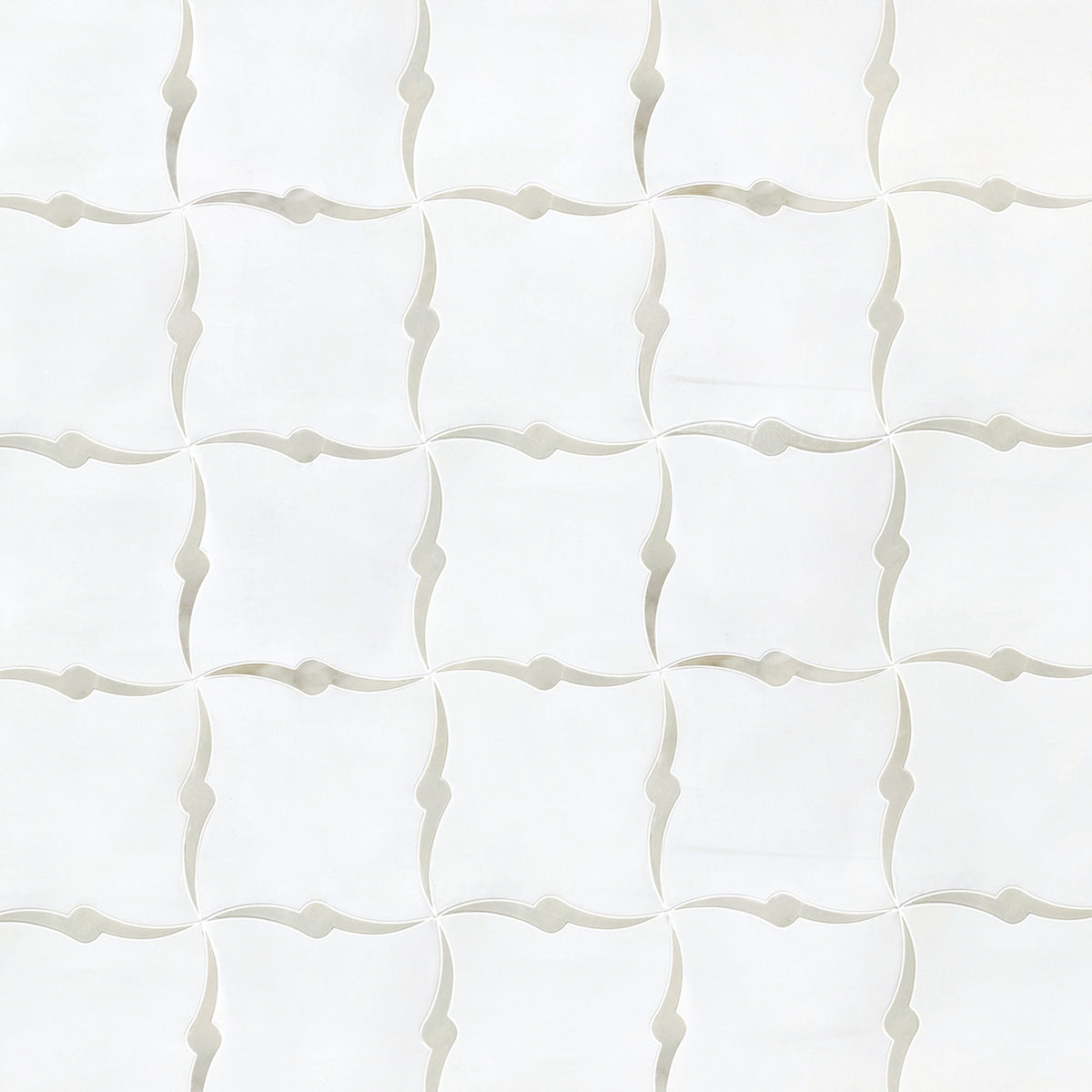 Sample board with Dolomite and Calacatta Waterjet Marble Mosaic Tiles – 1.17 sq. ft per piece, seamless design