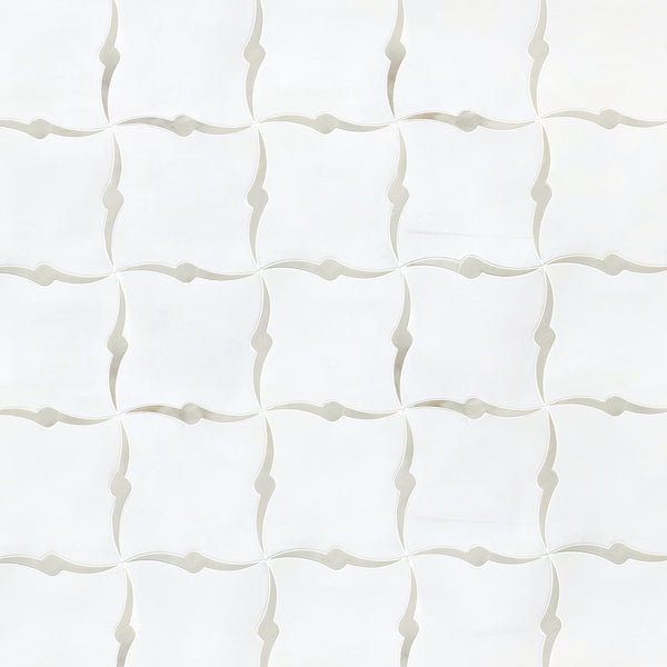 Sample board with Dolomite and Calacatta Waterjet Marble Mosaic Tiles – 1.17 sq. ft per piece, seamless design
