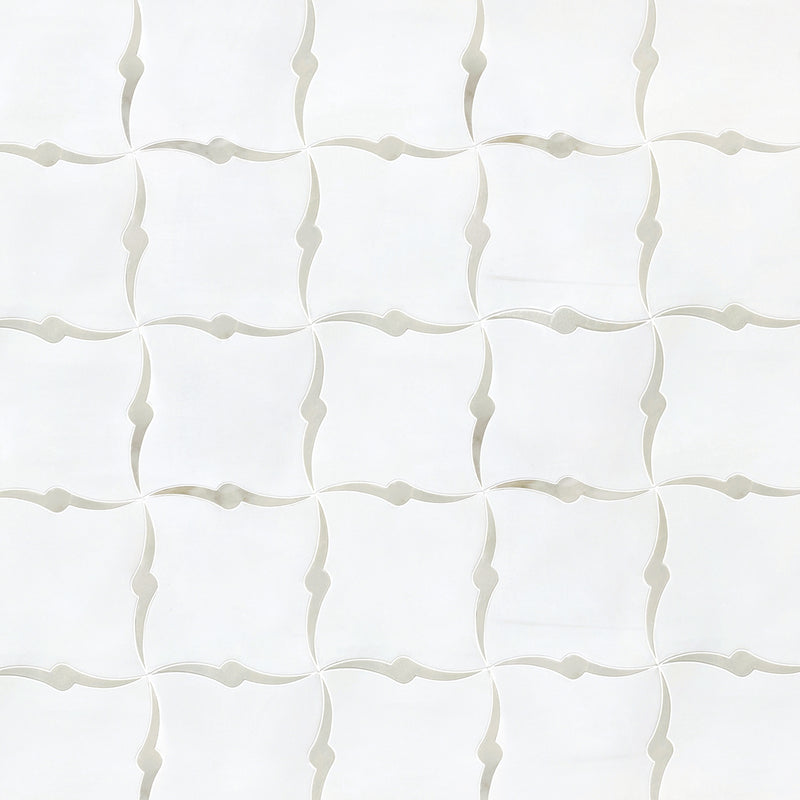 Sample board with Dolomite and Calacatta Waterjet Marble Mosaic Tiles – 1.17 sq. ft per piece, seamless design