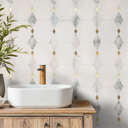 Calacatta & Thassos & Brass Marble 12-in x 12-in Waterjet Mosaic Floor and Wall Tile( 5 sq. ft. /Box )