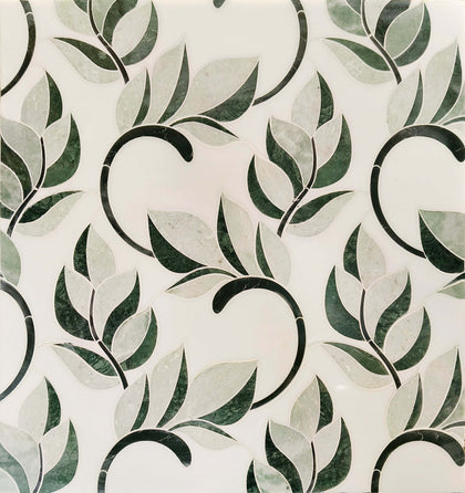 Display board showing Thassos & Nero & Green Flower Waterjet Marble Mosaic Tiles in repeated pattern – 1.4 sq. ft per tile