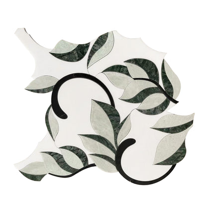 Single piece of Thassos, Nero, Verde Green, and New Green Flower Marble Waterjet Mosaic Tile – 14x15 inch
