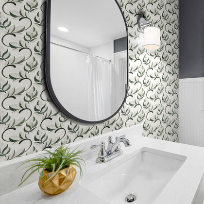 Bathroom interior featuring Thassos & Nero & Verde Green Marble Waterjet Mosaic Tile on wall and floor – floral pattern design