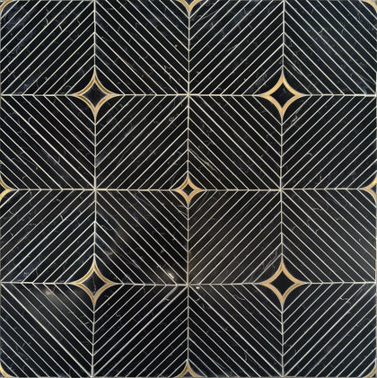 Close-up of Nero with Brass Waterjet Mosaic Tile – 12x12 inch floor and wall design