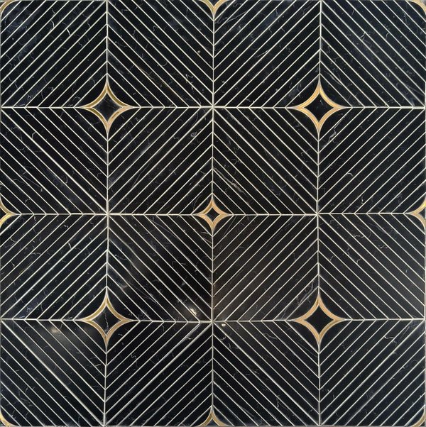 Close-up of Nero with Brass Waterjet Mosaic Tile – 12x12 inch floor and wall design