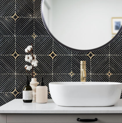 Modern bathroom using Nero with Brass Waterjet Mosaic Tile on wall and floor – 1 sq. ft. piece
