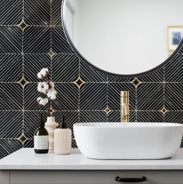 Modern bathroom using Nero with Brass Waterjet Mosaic Tile on wall and floor – 1 sq. ft. piece