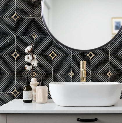 Nero With Brass 12-in x 12-in Waterjet Mosaic Floor and Wall Tile( 5 sq. ft. /Box )