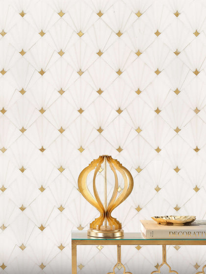 Thassos marble mosaic tile with brass accents on wall, showcasing premium elegant design and polished finish, ideal for floors and walls.