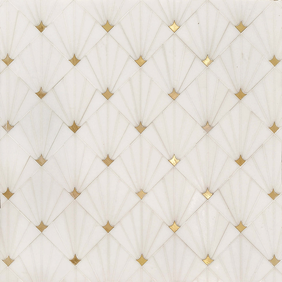Thassos marble and brass waterjet mosaic tile, 11x11 inches, polished finish, for elegant floor and wall design, 0.86 sq. ft. per piece.