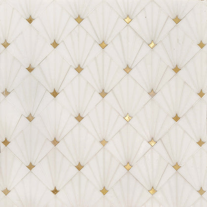 Thassos marble and brass waterjet mosaic tile, 11x11 inches, polished finish, for elegant floor and wall design, 0.86 sq. ft. per piece.