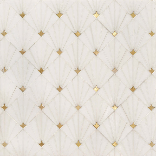 Thassos marble and brass waterjet mosaic tile, 11x11 inches, polished finish, for elegant floor and wall design, 0.86 sq. ft. per piece.