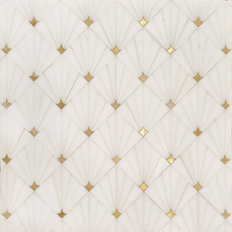 Thassos marble and brass waterjet mosaic tile, 11x11 inches, polished finish, for elegant floor and wall design, 0.86 sq. ft. per piece.