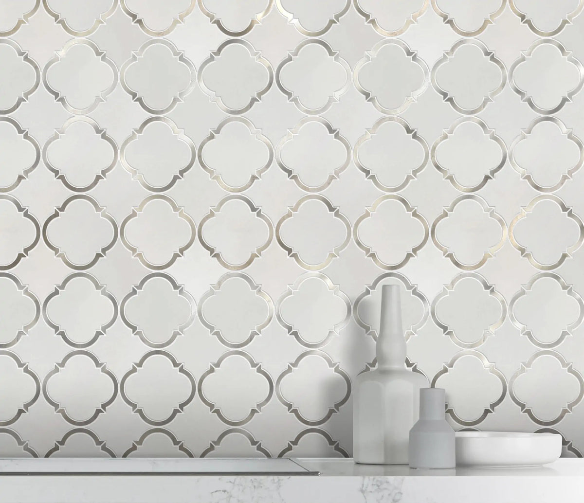 Accent wall with 12.3x12.3 Thassos Marble and Metal Waterjet Mosaic – sophisticated design with polished marble and metal pattern trim