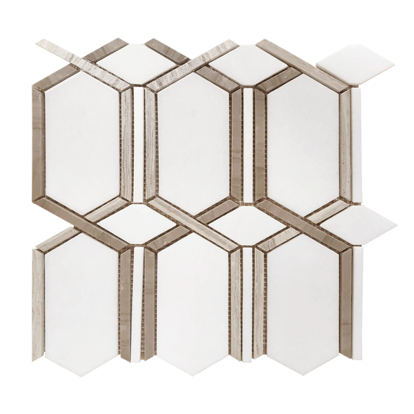 Single 12x12 inch Wooden White, Athens Gray, and Thassos Geometric Waterjet Mosaic Tile – polished marble tile with geometric pattern blending white and gray tones.