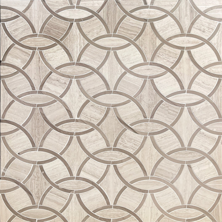 Wooden White & Athens Gray Marble Interlocking Circle Mosaic