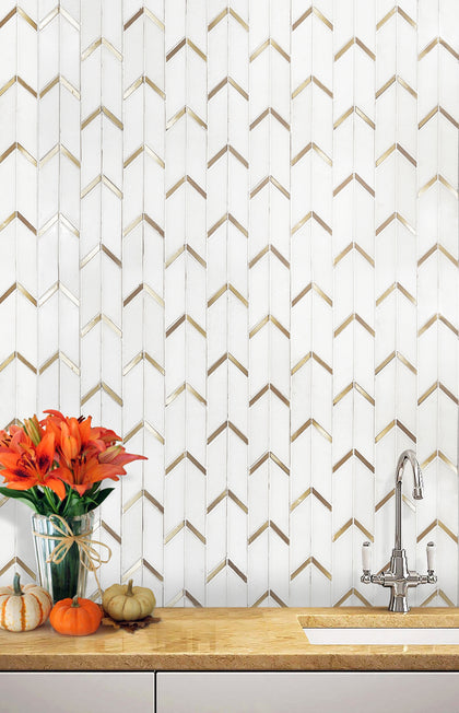 Dolomite White Marble with Arrow Gold Brass Accent 14-in x 12-in Waterjet Mosaic Wall Tile( 5 sq. ft. /Box )