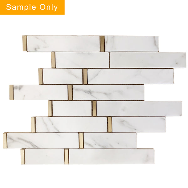 Random Length Calacatta with Gold Accents Polished Waterjet Mosaic Wall Tile - Sample (Product Shown is Full Size)