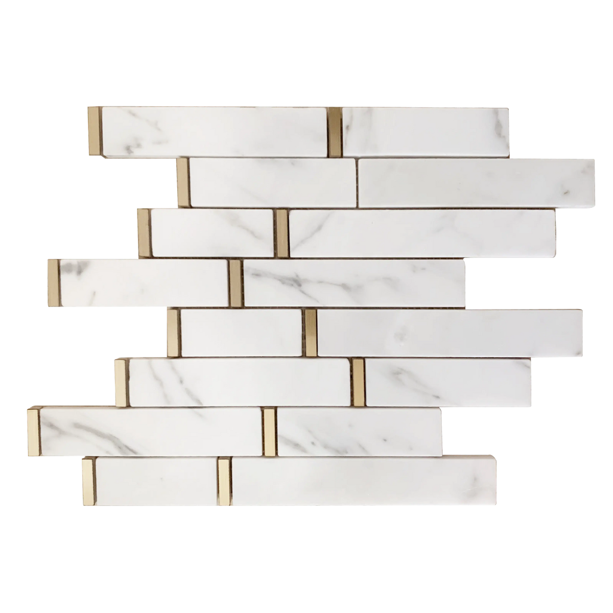 Single 11x11 inch Calacatta Marble Waterjet Mosaic Tile with Gold Accents – polished surface with random-length marble and subtle metallic detail