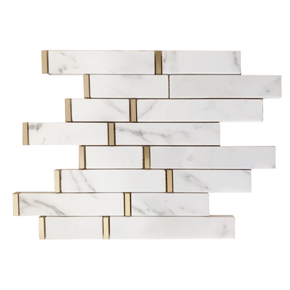 Single 11x11 inch Calacatta Marble Waterjet Mosaic Tile with Gold Accents – polished surface with random-length marble and subtle metallic detail