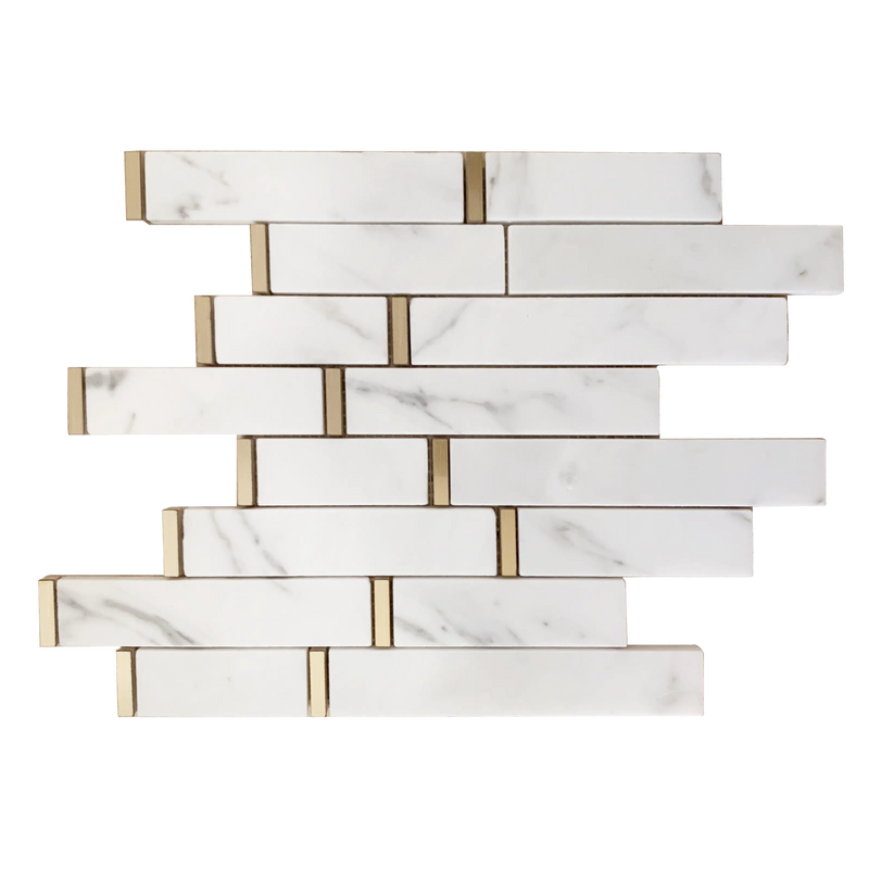 Single 11x11 inch Calacatta Marble Waterjet Mosaic Tile with Gold Accents – polished surface with random-length marble and subtle metallic detail