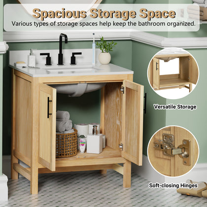Spacious storage space of the 36 inch light teak bathroom vanity with white quartz top features versatile storage and soft-closing hinges.
