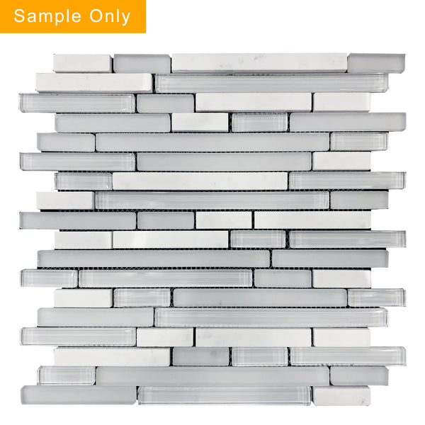White Staccato Marble & Glass Random Strips Glass Mosaic Wall Tile - Sample (Product Shown is Full Size)