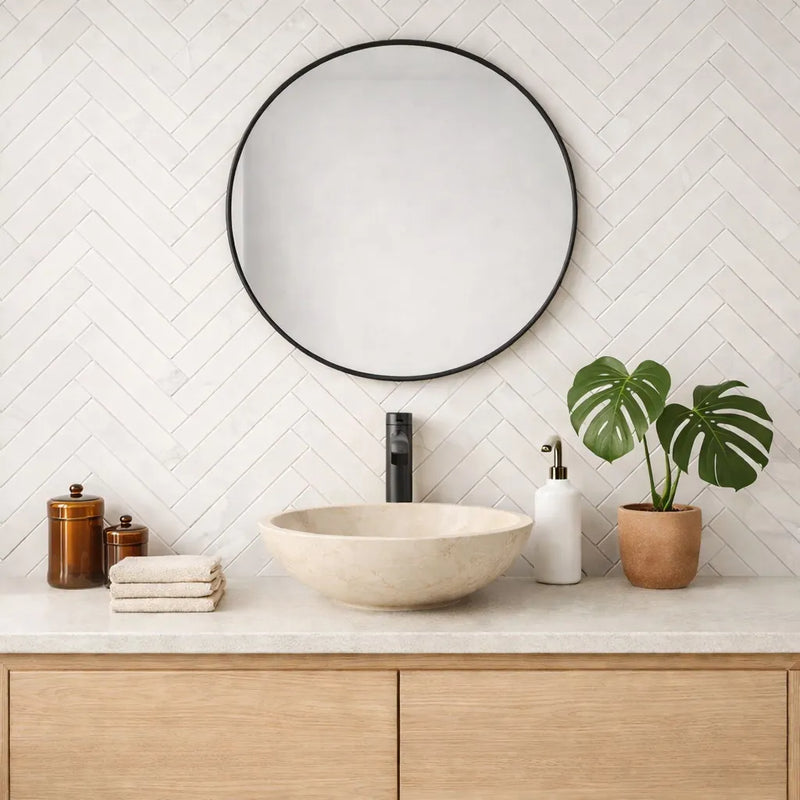 17 Inch Round Bowl Crema Marfil Marble Bathroom Artistic Vessel Sink