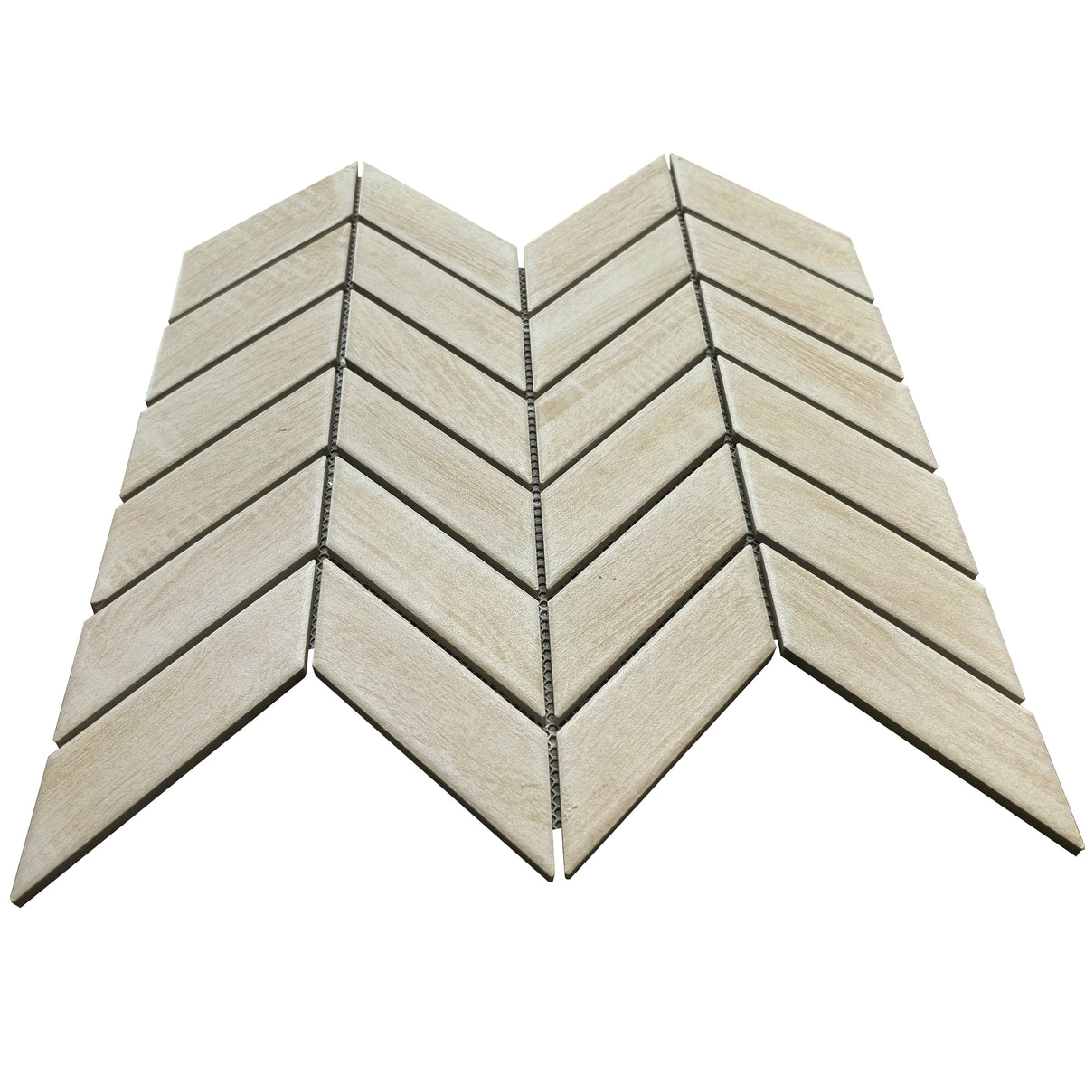 Flat-laid front of Wood Look Chevron Mosaic Tile – 11x11 inch porcelain sheet with rustic wood pattern