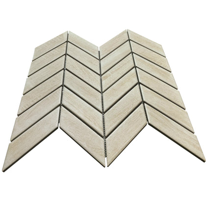 Flat-laid front of Wood Look Chevron Mosaic Tile – 11x11 inch porcelain sheet with rustic wood pattern