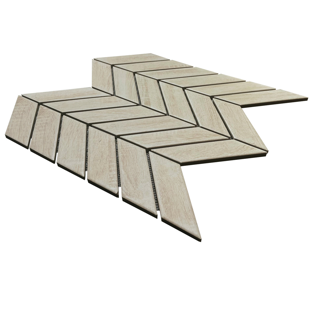 Left side angle of Wood Look Chevron Porcelain Mosaic Tile – shows tile thickness and chevron edge