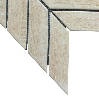 Close-up of chevron texture and wood grain on porcelain mosaic tile – natural and slip-resistant surface