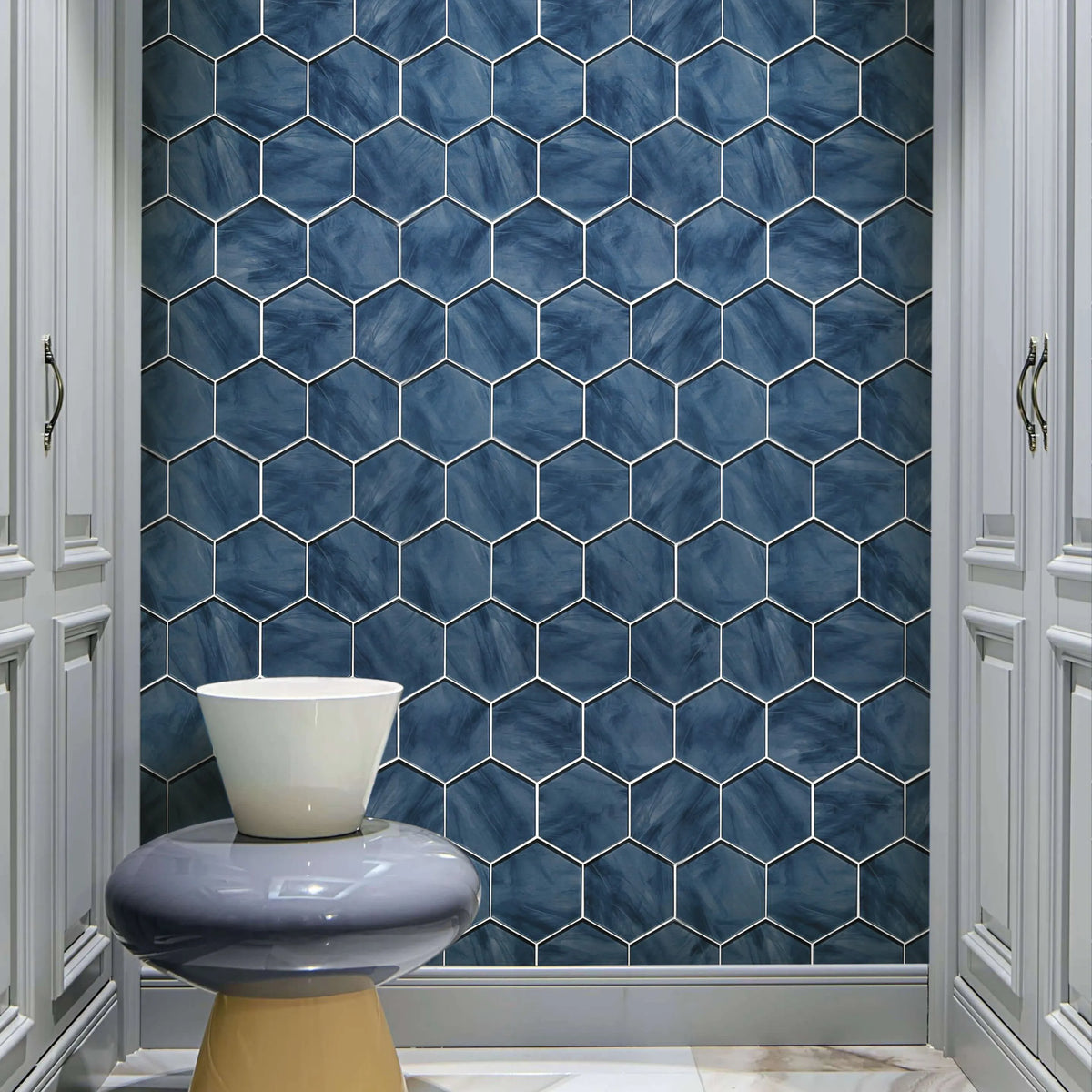 6-in Hexagon Blue 12-in x 12-in Inkjet Glass Mosaic Wall Tile( 10 sq. ft. /Box )