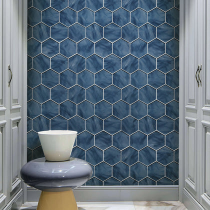 6-in Hexagon Blue 12-in x 12-in Inkjet Glass Mosaic Wall Tile( 10 sq. ft. /Box )