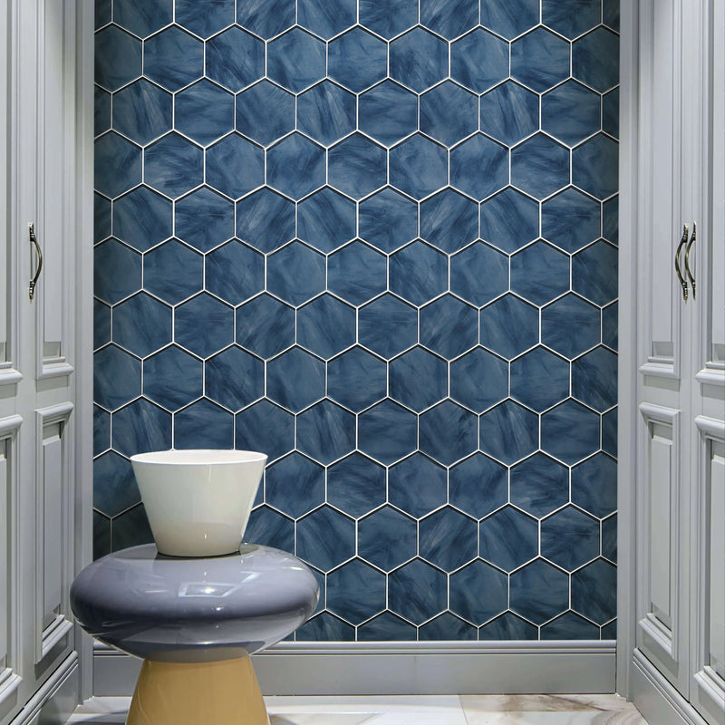 6-in Hexagon Blue 12-in x 12-in Inkjet Glass Mosaic Wall Tile( 10 sq. ft. /Box )