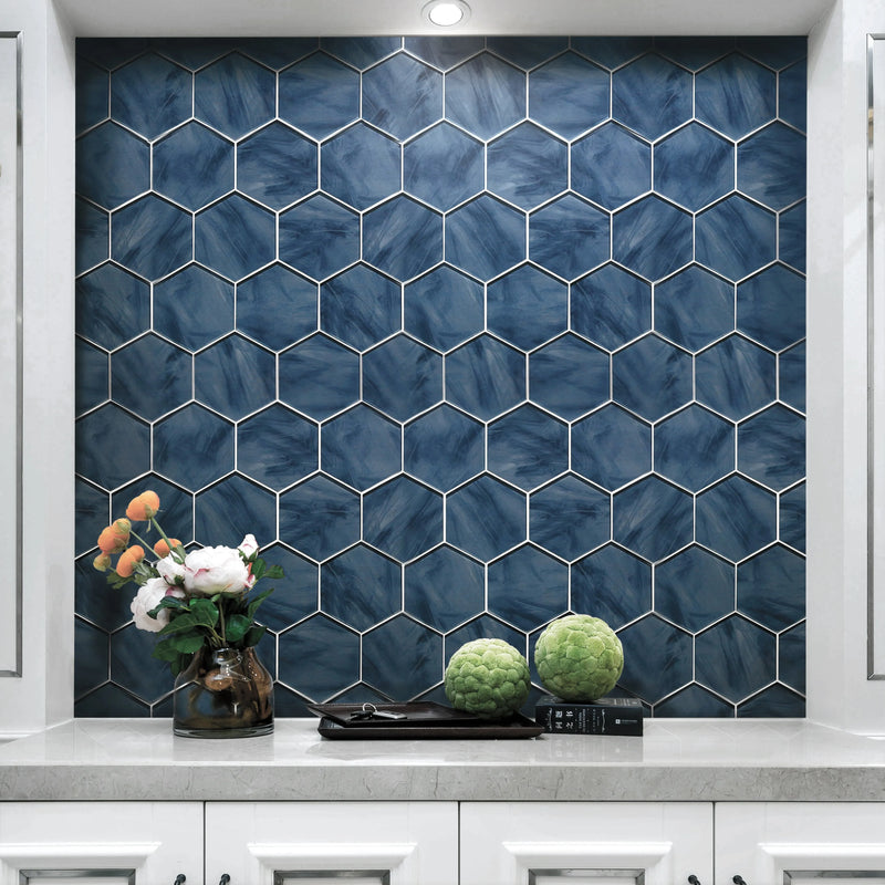 6-in Hexagon Blue 12-in x 12-in Inkjet Glass Mosaic Wall Tile( 10 sq. ft. /Box )