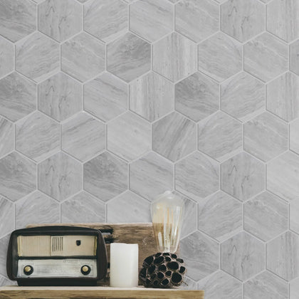 3-in Wooden gray Hexagon 12-in x 10-in Honed Marble Mosaic Wall Tile( 4.15 sq. ft. /Box )