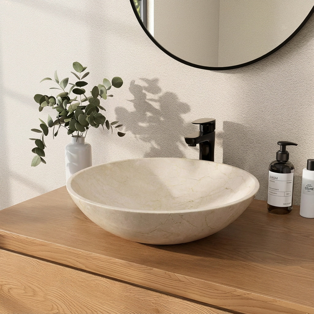 Unique bathroom sink made of beige marble, showcasing its elegant round shape on a wooden countertop.